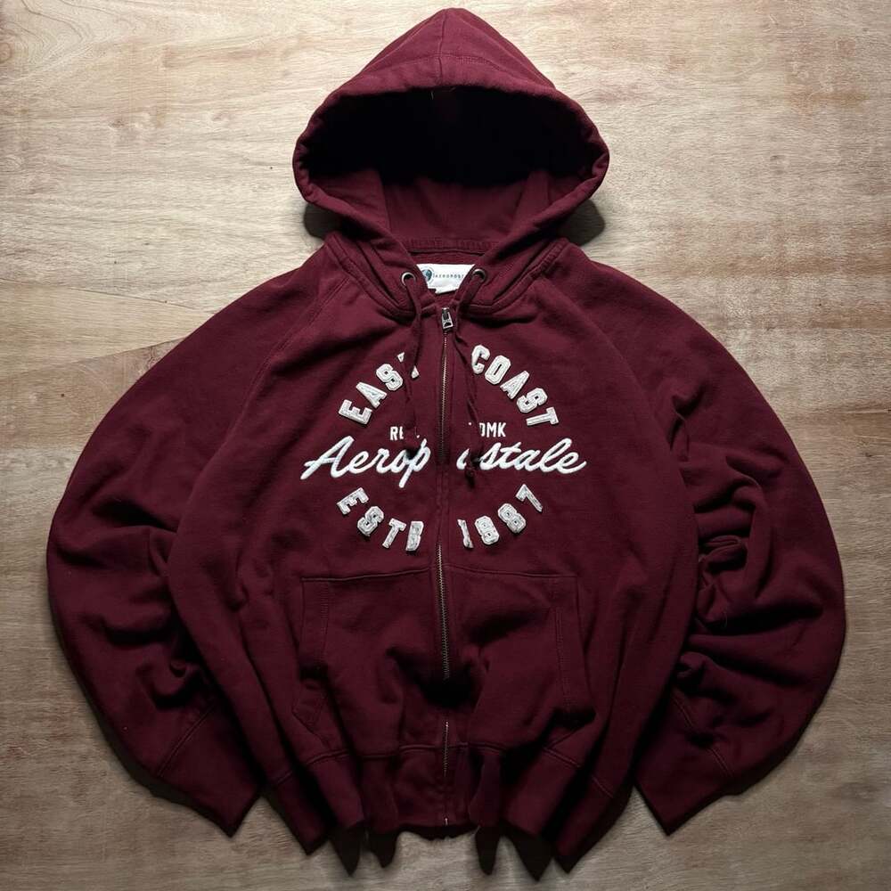 Aeropostale XXL Burgundy Full Zip Hoodie Embroidered Varsity Boxy